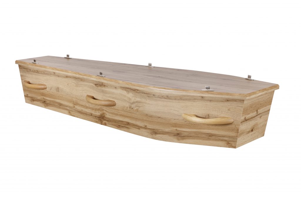 Kilkenny Light Oak Woodgrain casket with Light Oak dee handles
